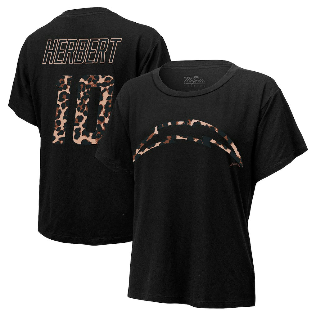 Justin Herbert Los Angeles Chargers Majestic Threads Women's Leopard Player Name & Number T-Shirt - Black - NFL