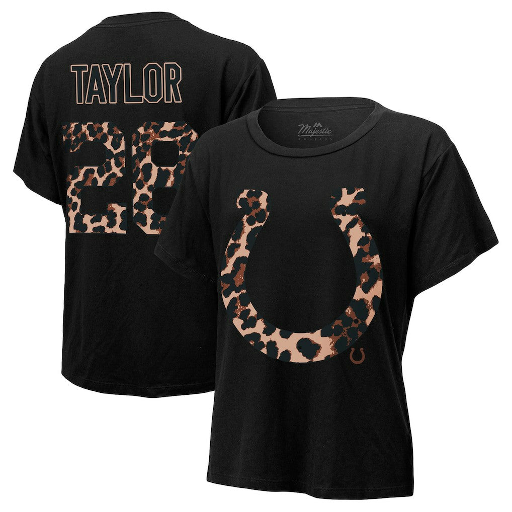 Jonathan Taylor Indianapolis Colts Majestic Threads Women's Leopard Player Name & Number T-Shirt - Black - NFL