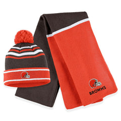 Cleveland Browns WEAR by Erin Andrews Women's Colorblock Cuffed Knit Hat with Pom and Scarf Set - Orange - NFL