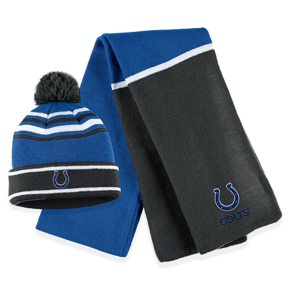 Indianapolis Colts WEAR by Erin Andrews Women's Colorblock Cuffed Knit Hat with Pom and Scarf Set - Royal - NFL