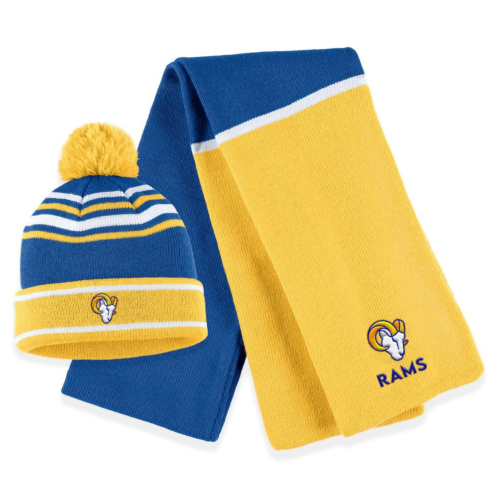 Los Angeles Rams WEAR by Erin Andrews Women's Colorblock Cuffed Knit Hat with Pom and Scarf Set - Royal - NFL