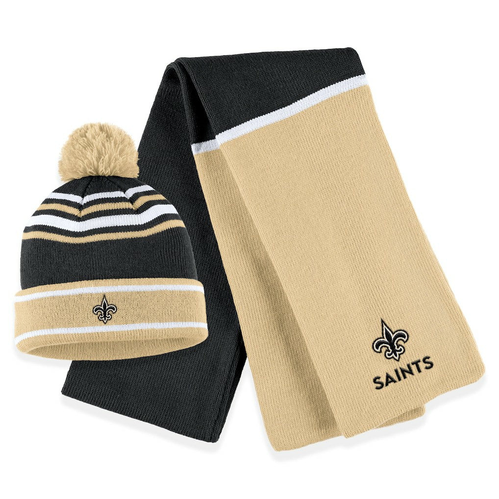 New Orleans Saints WEAR by Erin Andrews Women's Colorblock Cuffed Knit Hat with Pom and Scarf Set - Black - NFL