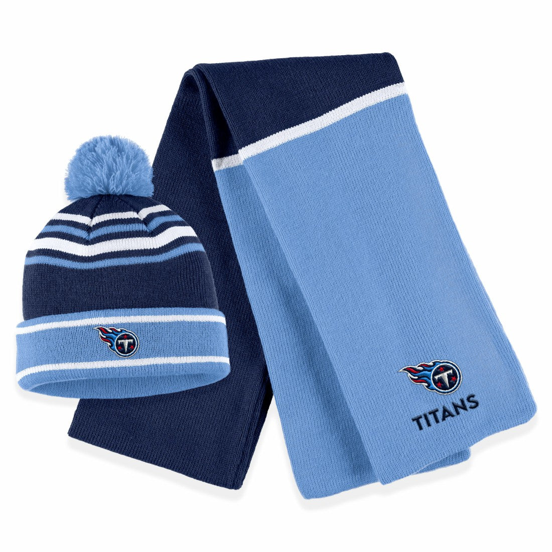 Tennessee Titans WEAR by Erin Andrews Women's Colorblock Cuffed Knit Hat with Pom and Scarf Set - Navy - NFL