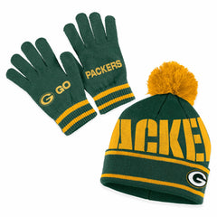 Green Bay Packers WEAR by Erin Andrews Women's Double Jacquard Cuffed Knit Hat with Pom and Gloves Set - Green - NFL