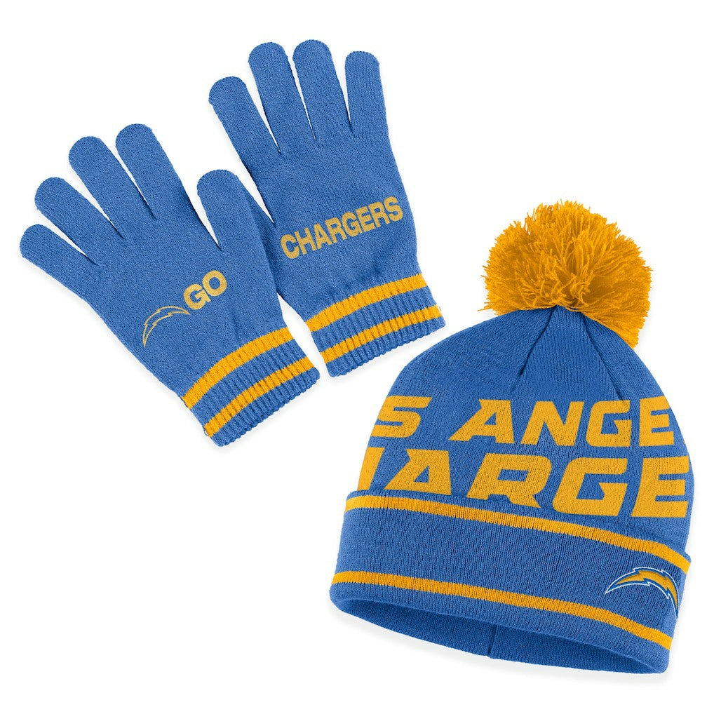 Los Angeles Chargers WEAR by Erin Andrews Women's Double Jacquard Cuffed Knit Hat with Pom and Gloves Set - Powder Blue - NFL