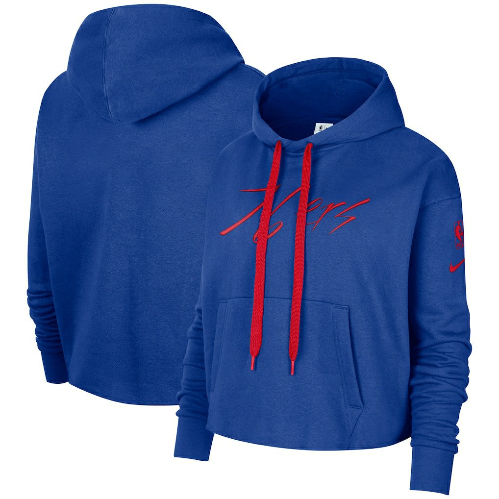 Nike Philadelphia 76ers Women's Split Flip Courtside Cropped Pullover Hoodie Royal