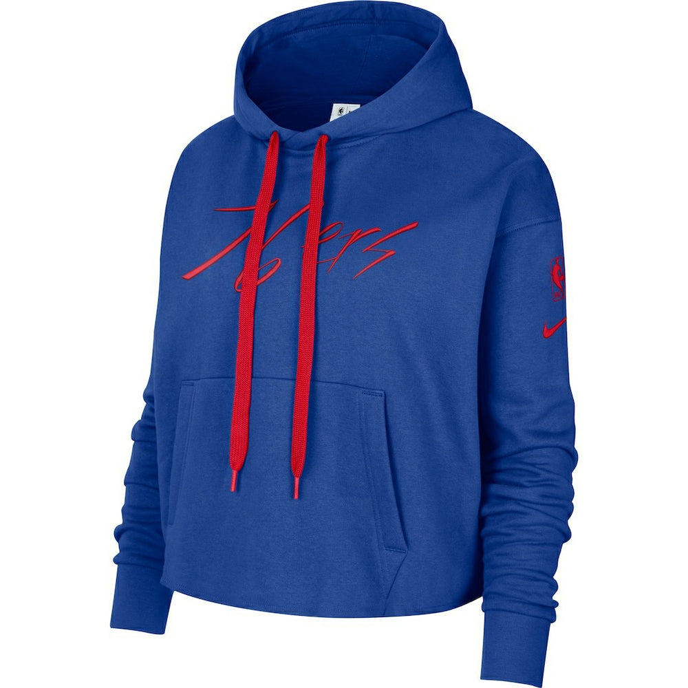 Nike Philadelphia 76ers Women's Split Flip Courtside Cropped Pullover Hoodie Royal