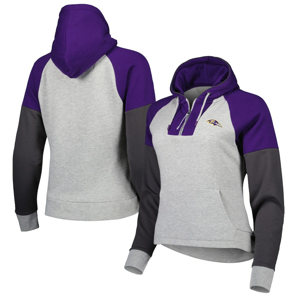 Baltimore Ravens Antigua Women's Lightweight Jackpot Raglan Half-Zip Pullover Hoodie - Heather Gray - NFL