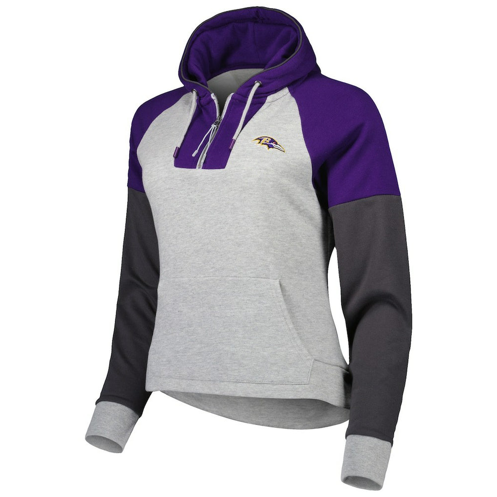 Baltimore Ravens Antigua Women's Lightweight Jackpot Raglan Half-Zip Pullover Hoodie - Heather Gray - NFL