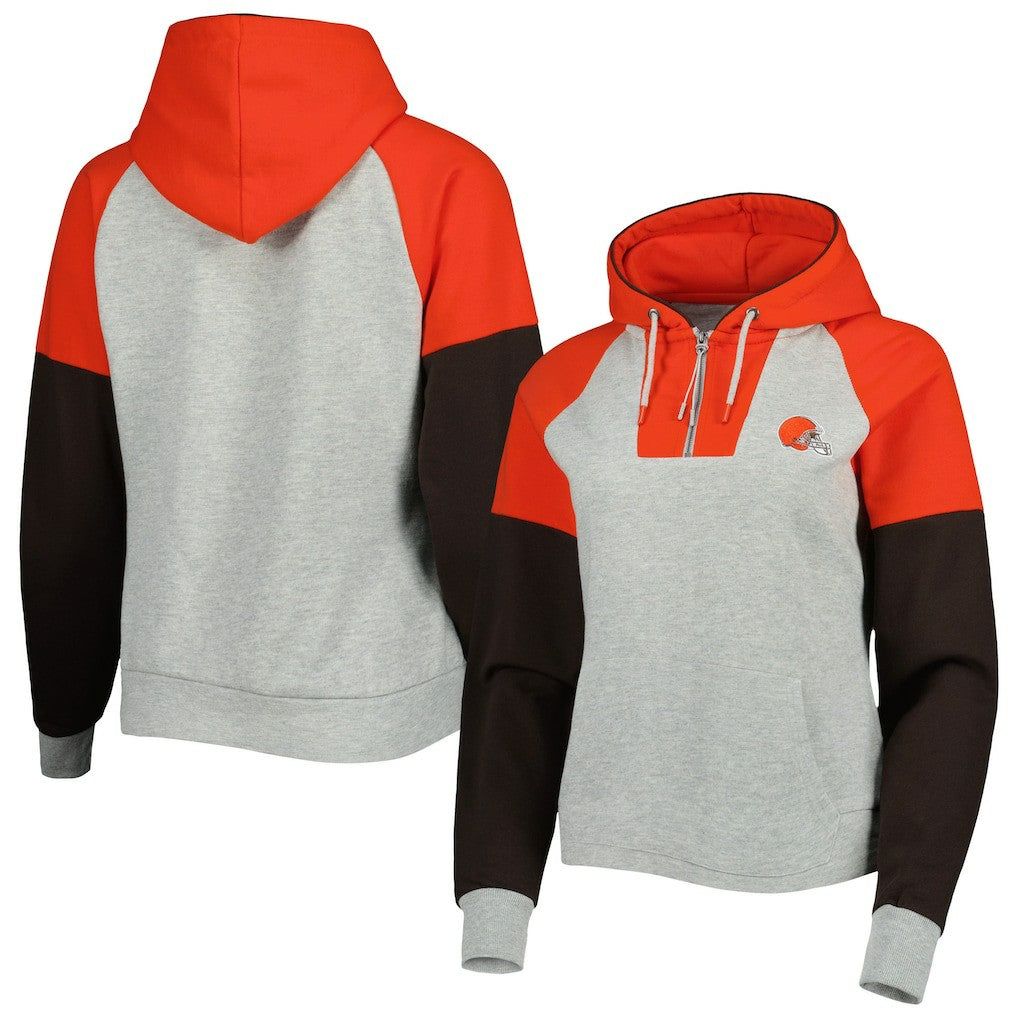 Cleveland Browns Antigua Women's Lightweight Jackpot Raglan Half-Zip Pullover Hoodie - Heather Gray - NFL
