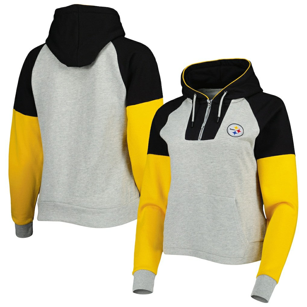 Pittsburgh Steelers Antigua Women's Lightweight Jackpot Raglan Half-Zip Pullover Hoodie - Heather Gray - NFL