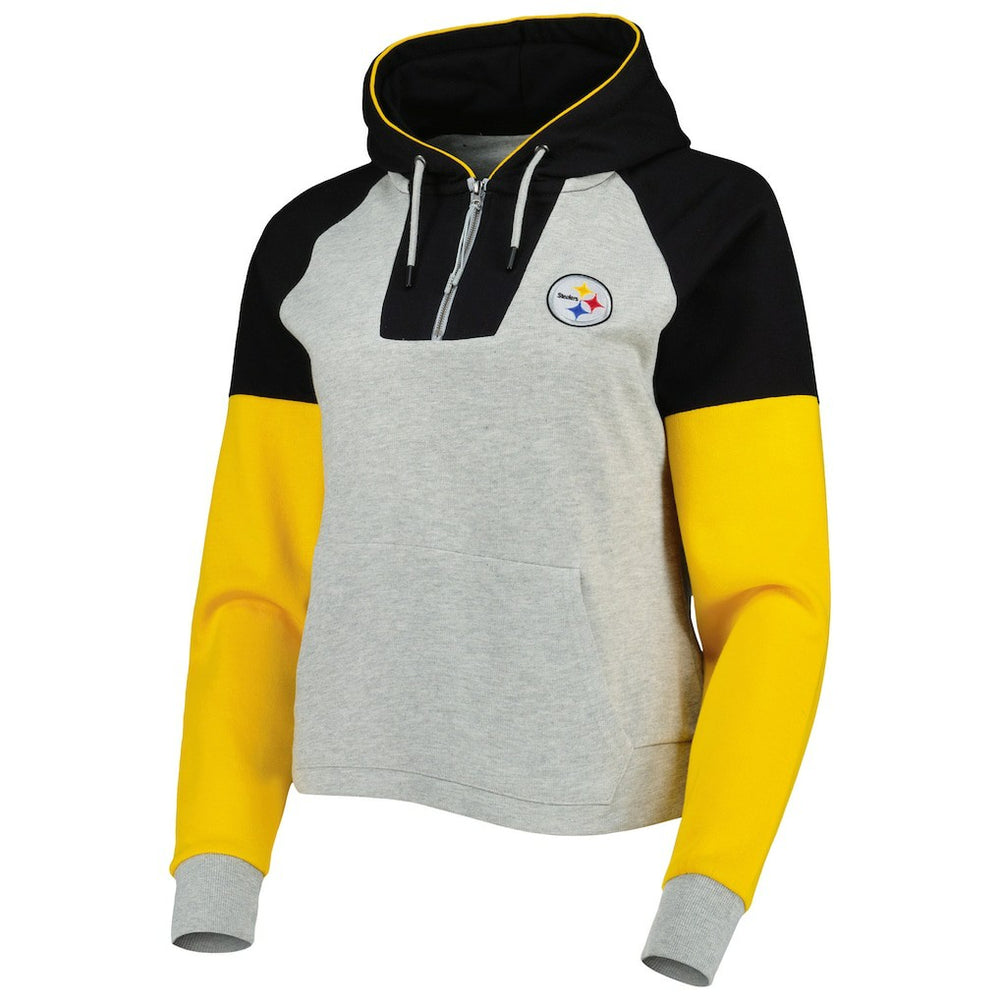 Pittsburgh Steelers Antigua Women's Lightweight Jackpot Raglan Half-Zip Pullover Hoodie - Heather Gray - NFL