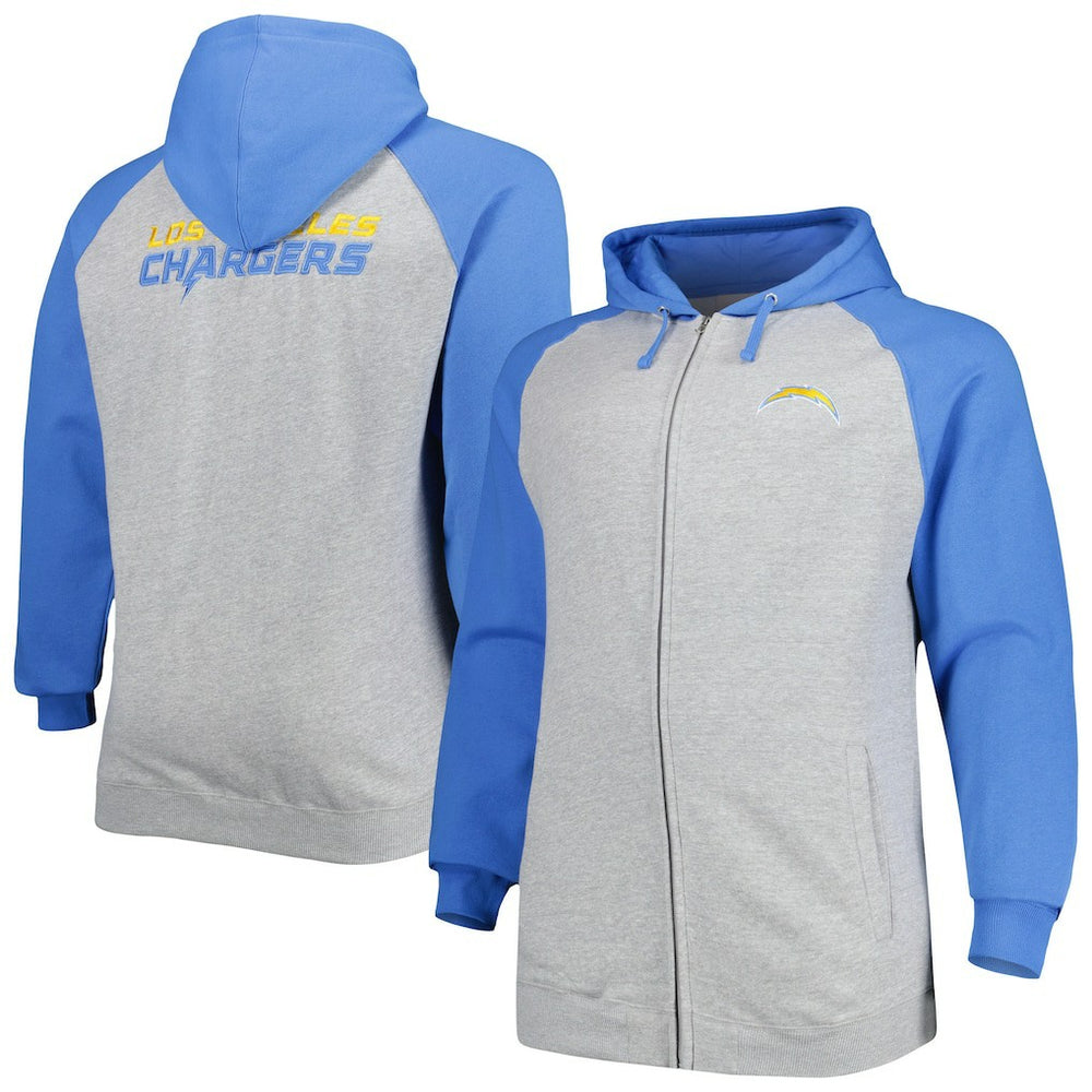 Los Angeles Chargers Big & Tall Fleece Raglan Full-Zip Hoodie Jacket - Heather Gray - Fanatics