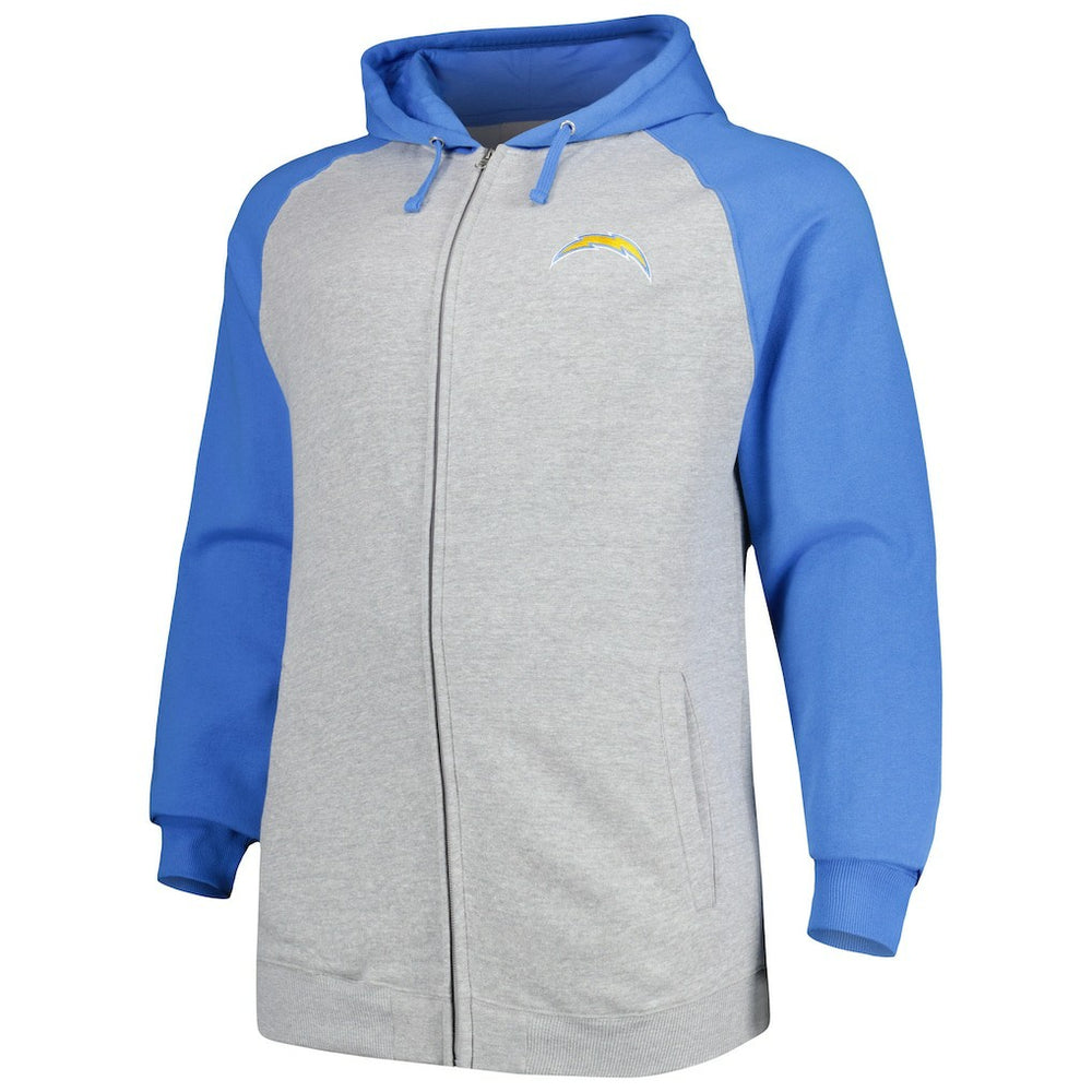 Los Angeles Chargers Big & Tall Fleece Raglan Full-Zip Hoodie Jacket - Heather Gray - Fanatics