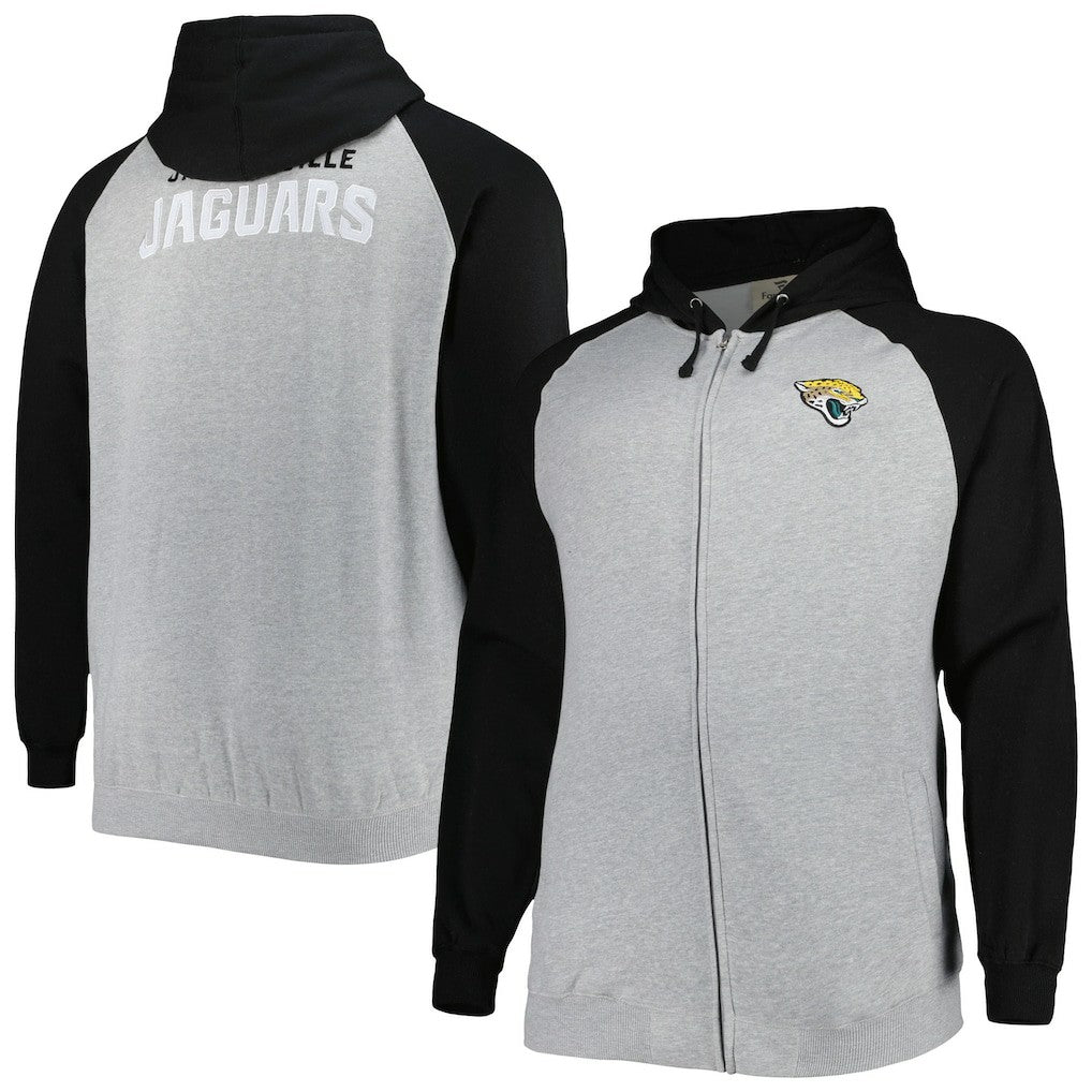 Jacksonville Jaguars Big & Tall Fleece Raglan Full-Zip Hoodie Jacket - Heather Gray - NFL