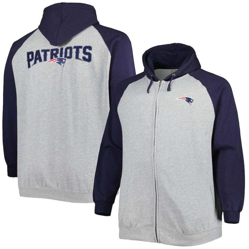 New England Patriots Big & Tall Fleece Raglan Full-Zip Hoodie Jacket - Heather Gray - NFL