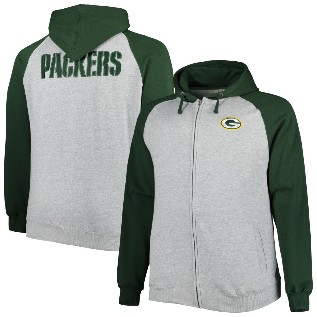 Green Bay Packers Big & Tall Fleece Raglan Full-Zip Hoodie Jacket - Heather Gray - NFL