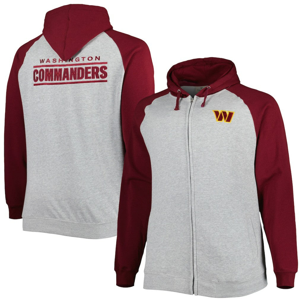 Washington Commanders Big & Tall Fleece Raglan Full-Zip Hoodie Jacket - Heather Gray - NFL