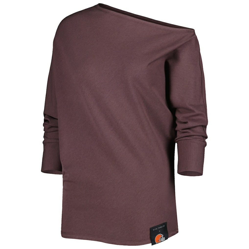 Cleveland Browns KIYA TOMLIN Women's Twisted Tri-Blend Asymmetrical 3/4-Dolman Sleeve Sweatshirt - Brown - NFL