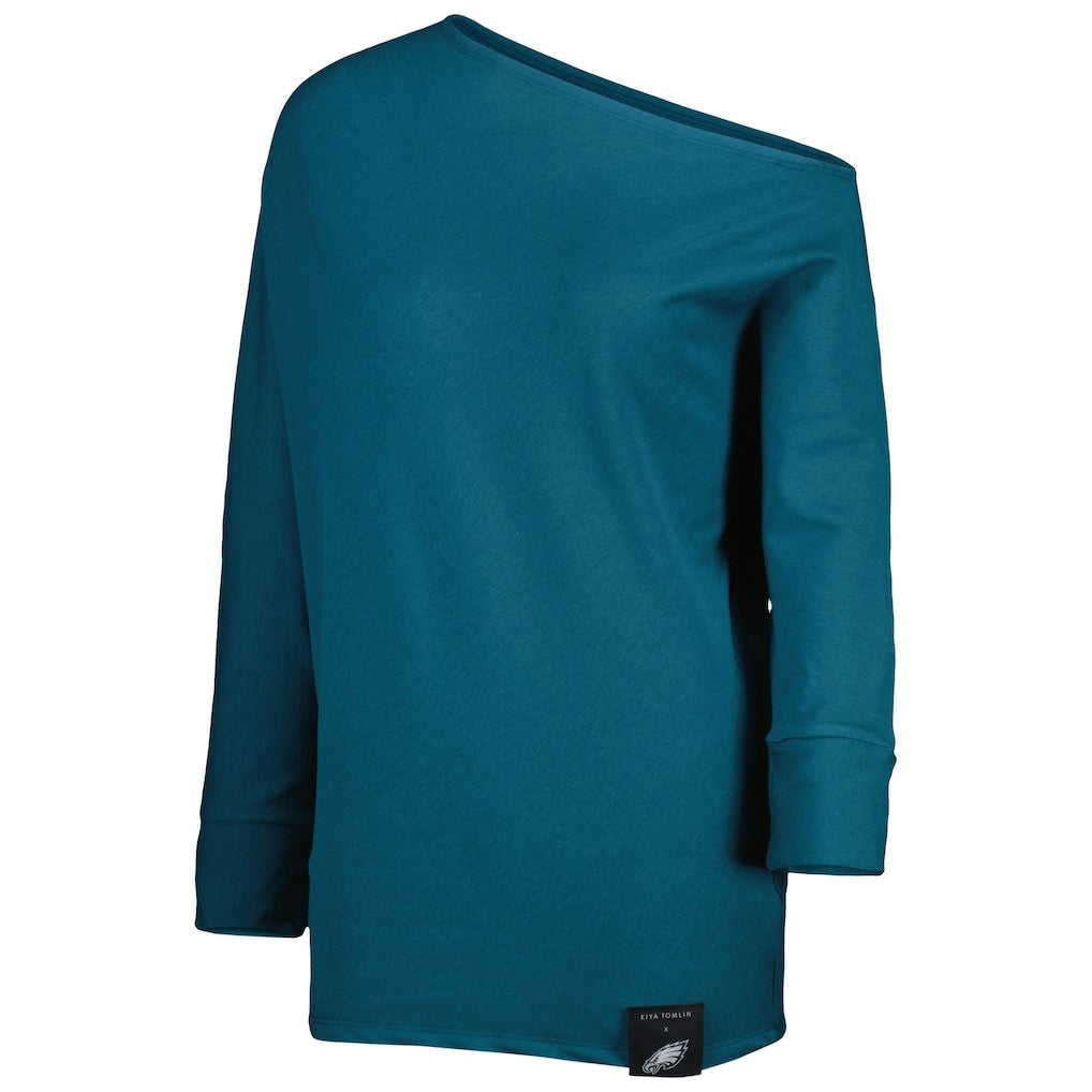 Philadelphia Eagles KIYA TOMLIN Women's Twisted Tri-Blend Asymmetrical 3/4-Dolman Sleeve Sweatshirt - Midnight Green - NFL