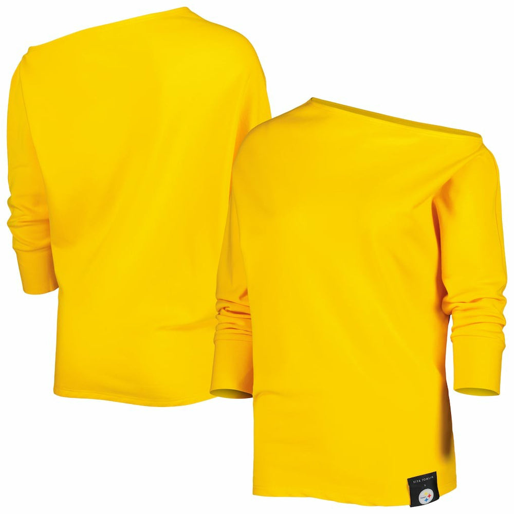 Pittsburgh Steelers KIYA TOMLIN Women's Twisted Tri-Blend Asymmetrical 3/4-Dolman Sleeve Sweatshirt - Gold - NFL