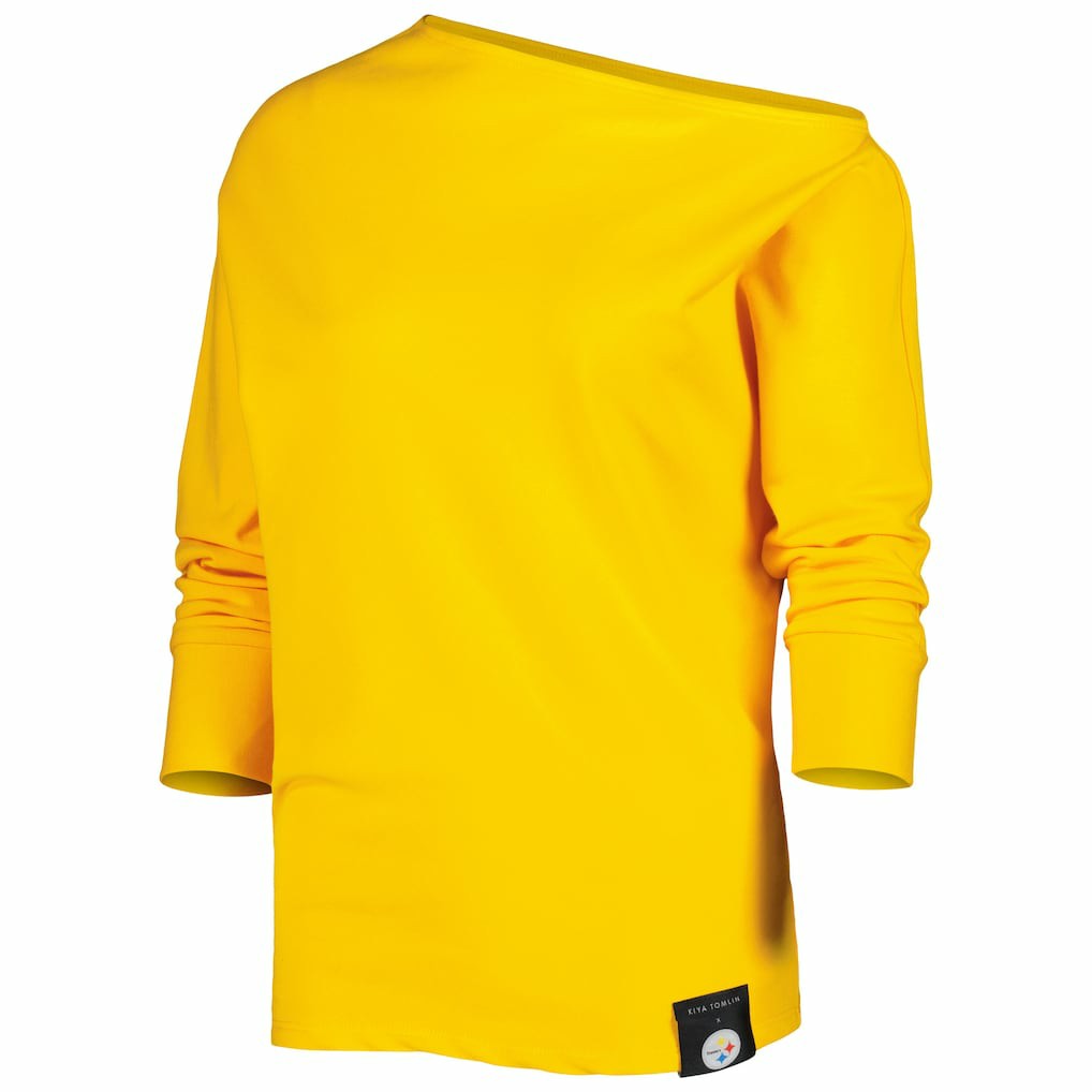 Pittsburgh Steelers KIYA TOMLIN Women's Twisted Tri-Blend Asymmetrical 3/4-Dolman Sleeve Sweatshirt - Gold - NFL