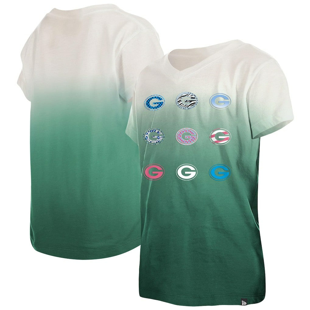 Green Bay Packers New Era Youth Multi Logo Ombre V-Neck T-Shirt - Green - NFL