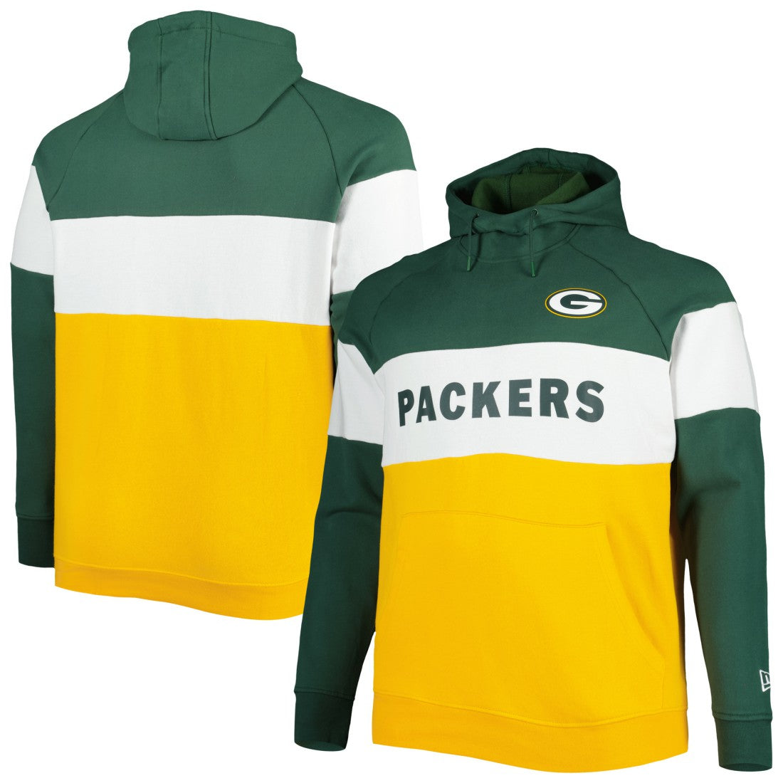 Green Bay Packers New Era Big & Tall Current Team Colorblock Fleece Raglan Pullover Hoodie - Green/Gold - NFL