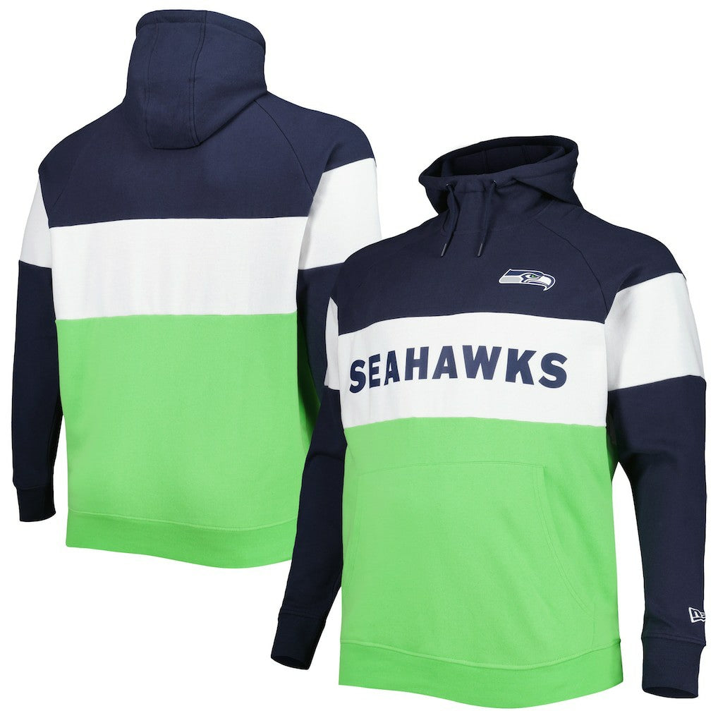 Seattle Seahawks New Era Big & Tall Current Team Colorblock Fleece Raglan Pullover Hoodie - College Navy/Neon Green - NFL