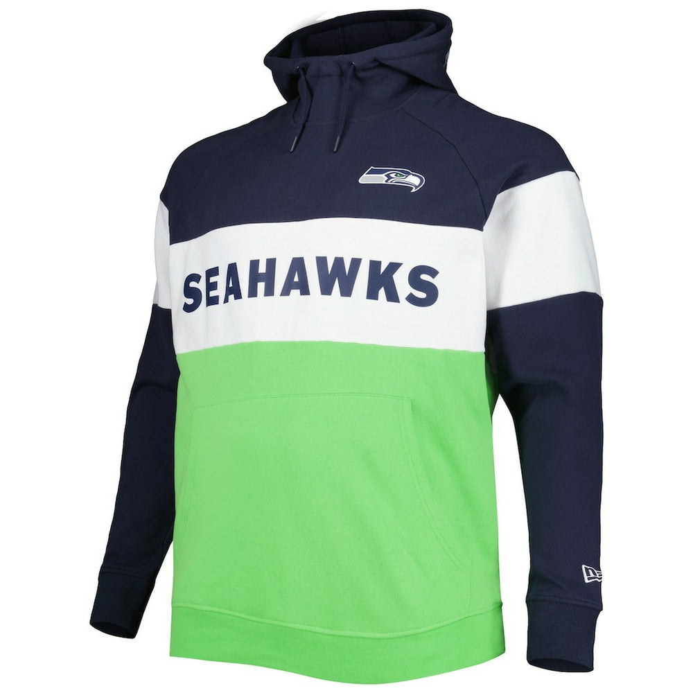 Seattle Seahawks New Era Big & Tall Current Team Colorblock Fleece Raglan Pullover Hoodie - College Navy/Neon Green - NFL