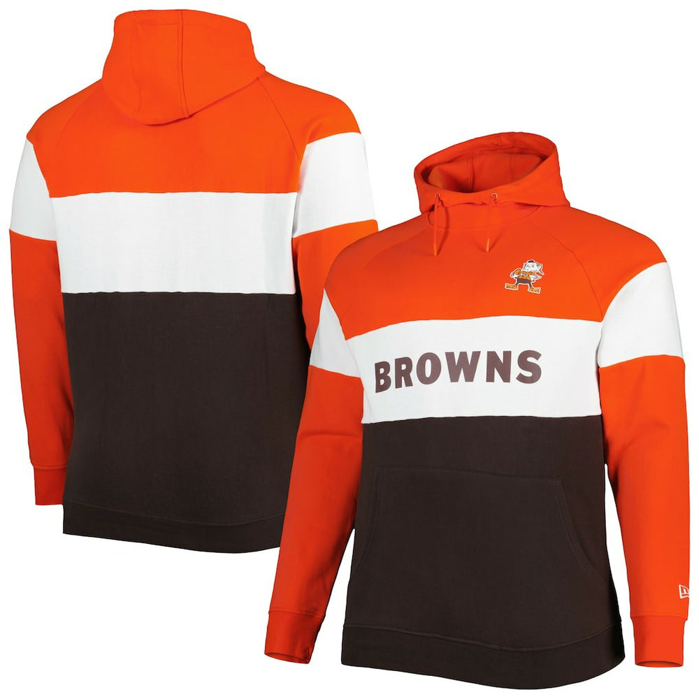 Cleveland Browns New Era Big & Tall Throwback Colorblock Fleece Raglan Pullover Hoodie - Orange/Brown - NFL