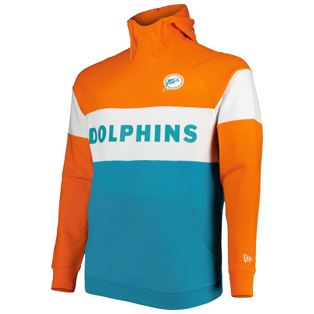 Miami Dolphins New Era Big & Tall Throwback Colorblock Raglan Pullover Hoodie - Aqua - NFL