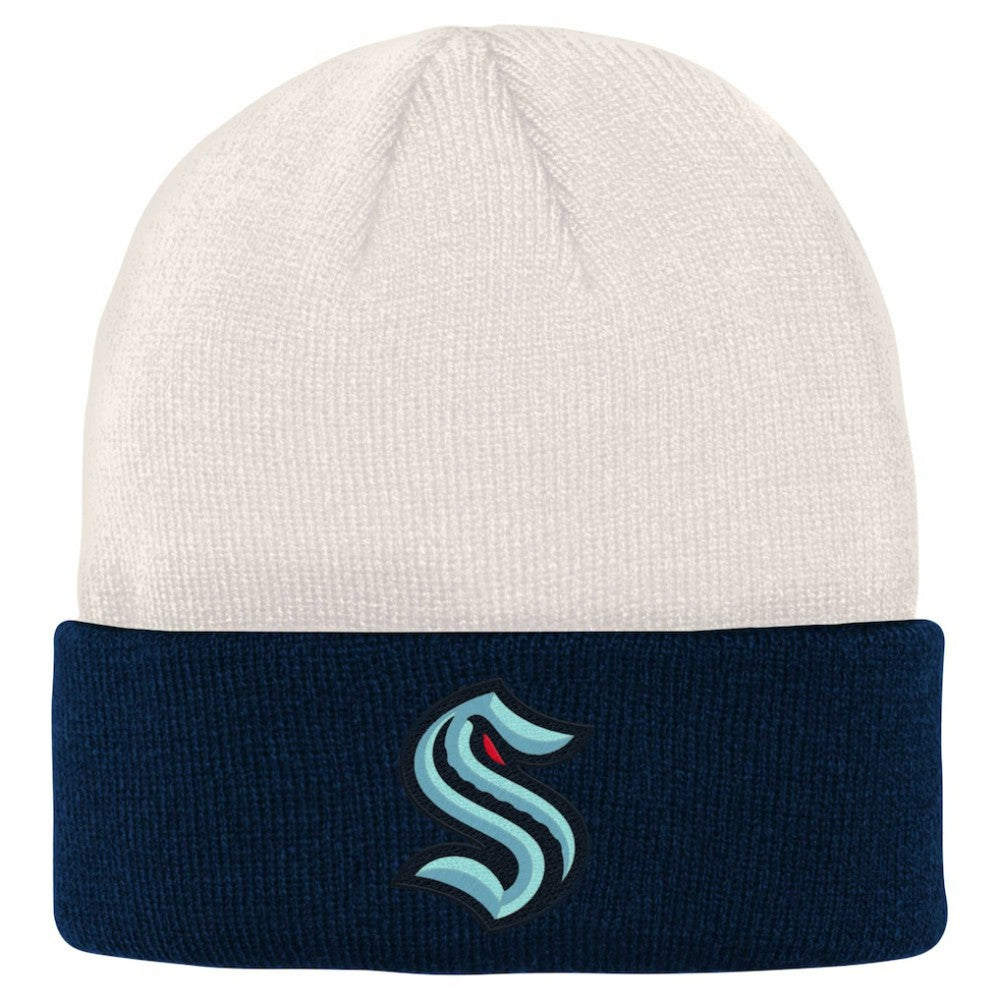 Seattle Kraken Youth Logo Cuffed Knit Hat - Cream/Deep Sea Blue | NHL on sale