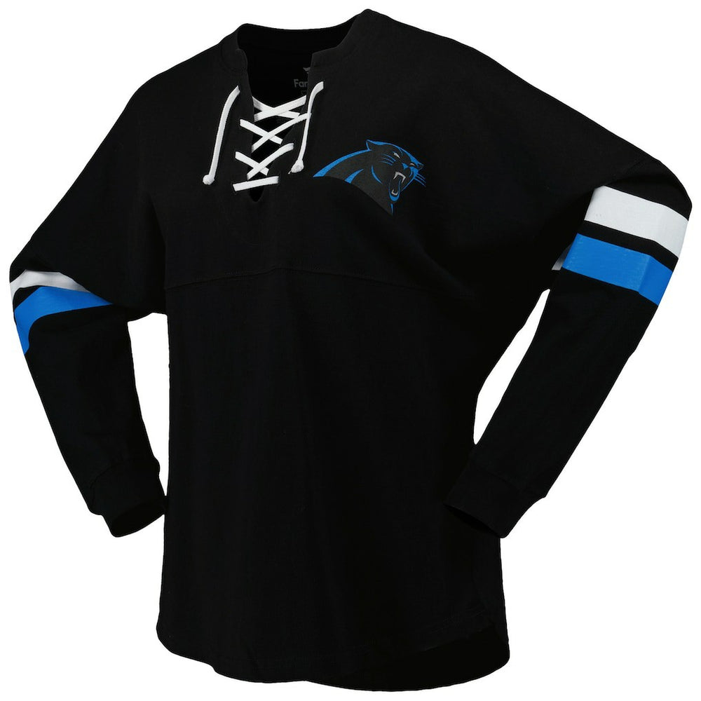 Carolina Panthers Women's Spirit Jersey Lace-Up V-Neck Long Sleeve T-Shirt - Black - Fanatics