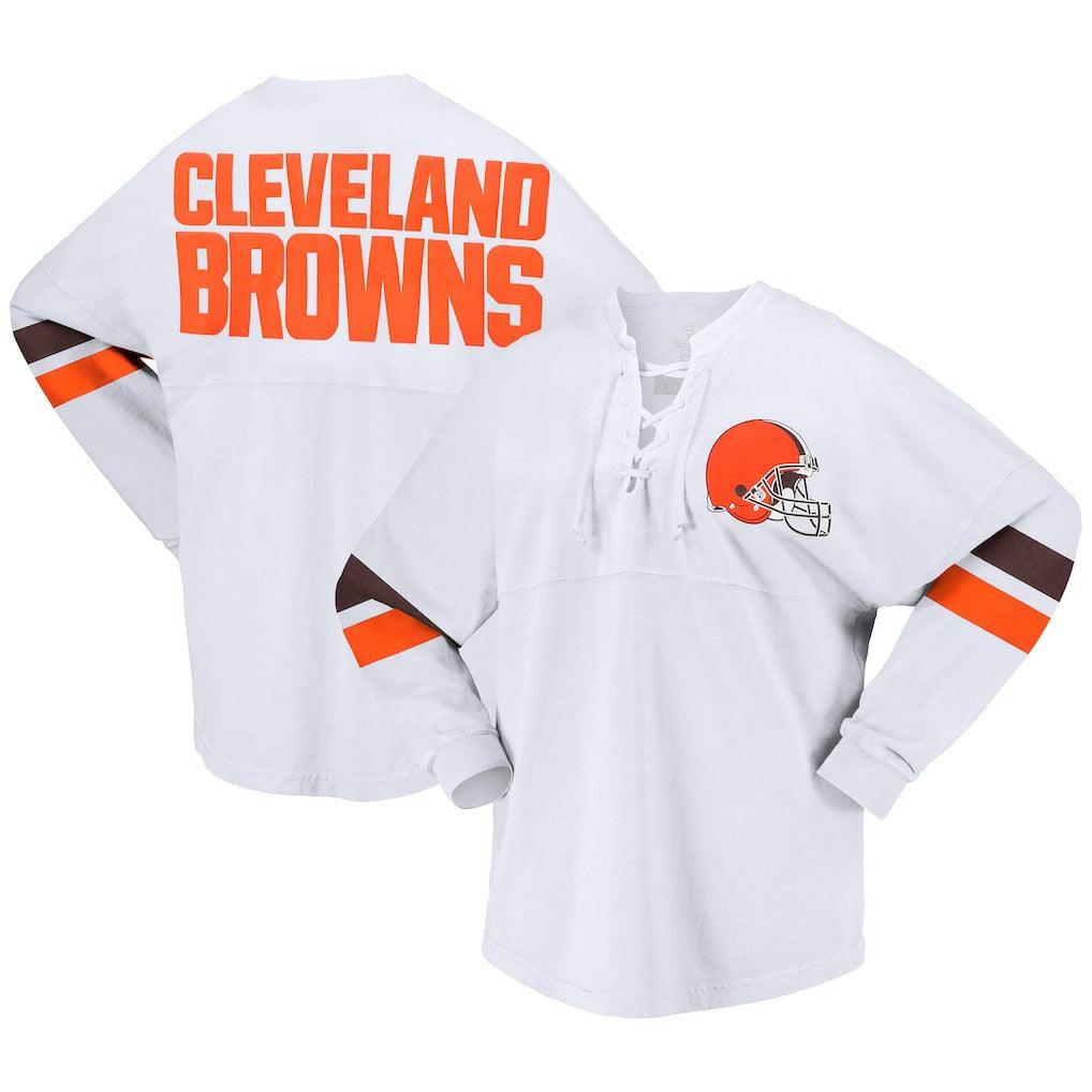 Cleveland Browns Women's Spirit Jersey Lace-Up V-Neck Long Sleeve T-Shirt - White - Fanatics