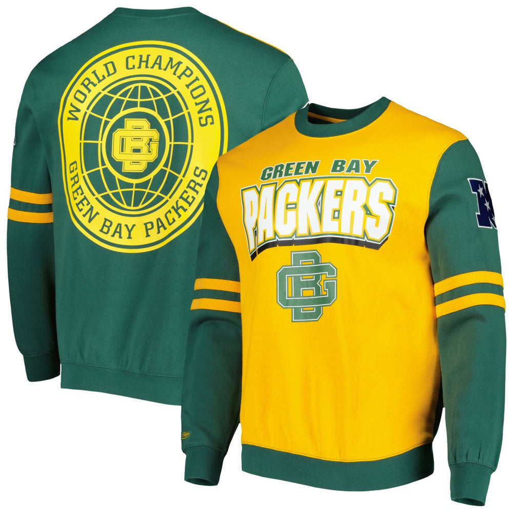 Green Bay Packers All Over 2.0 Pullover Sweatshirt - Gold - Mitchell & Ness