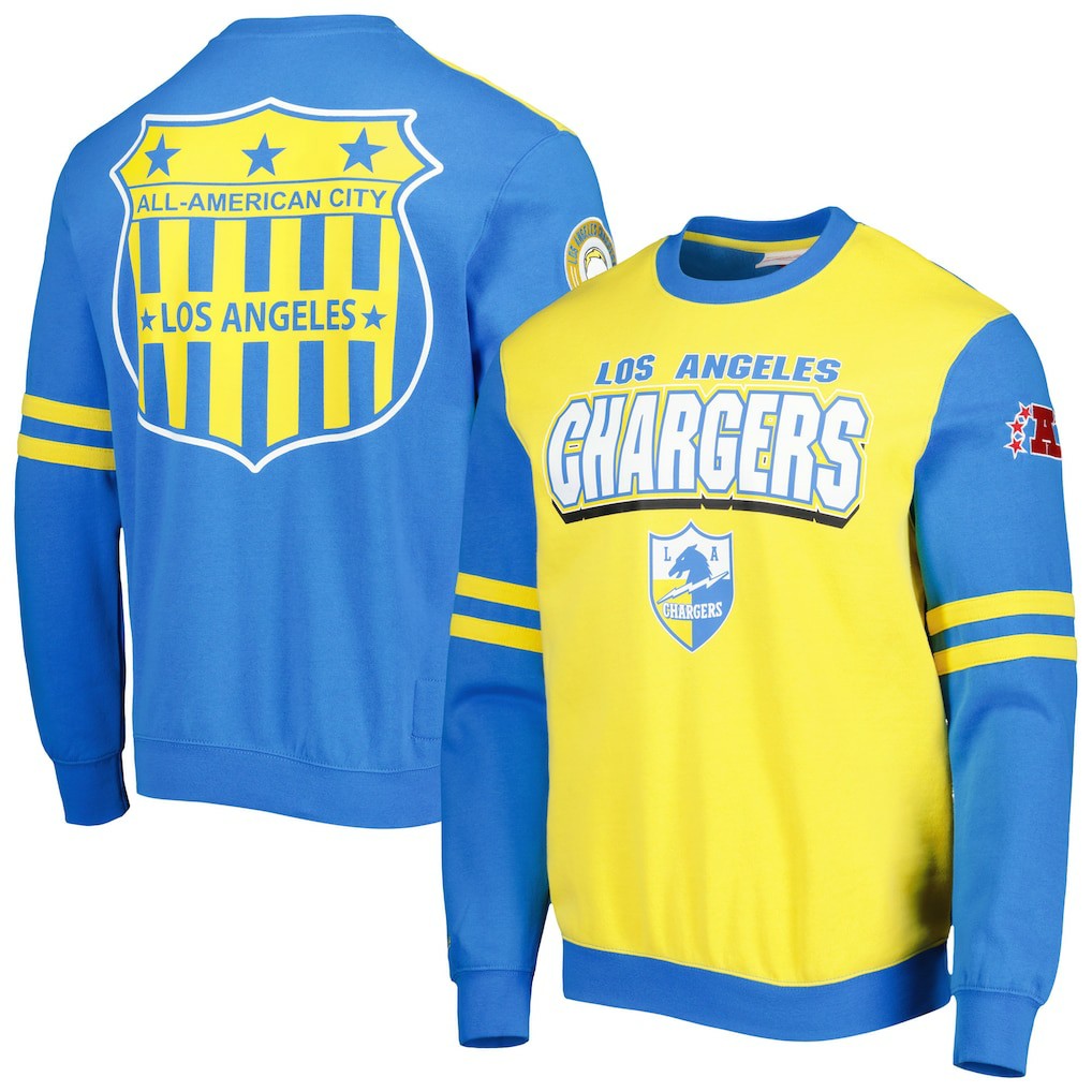 Los Angeles Chargers All Over 2.0 Pullover Sweatshirt - Gold - Mitchell & Ness