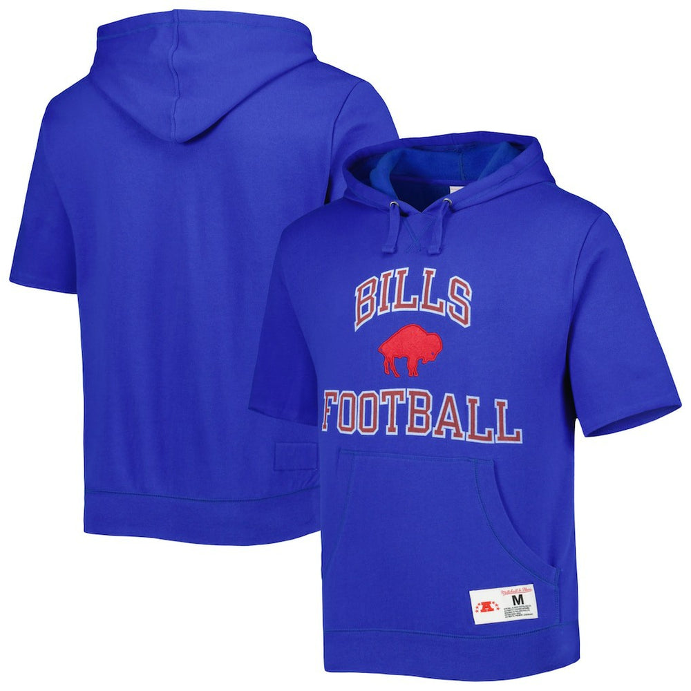 Buffalo Bills Washed Short Sleeve Pullover Hoodie - Royal - Mitchell & Ness
