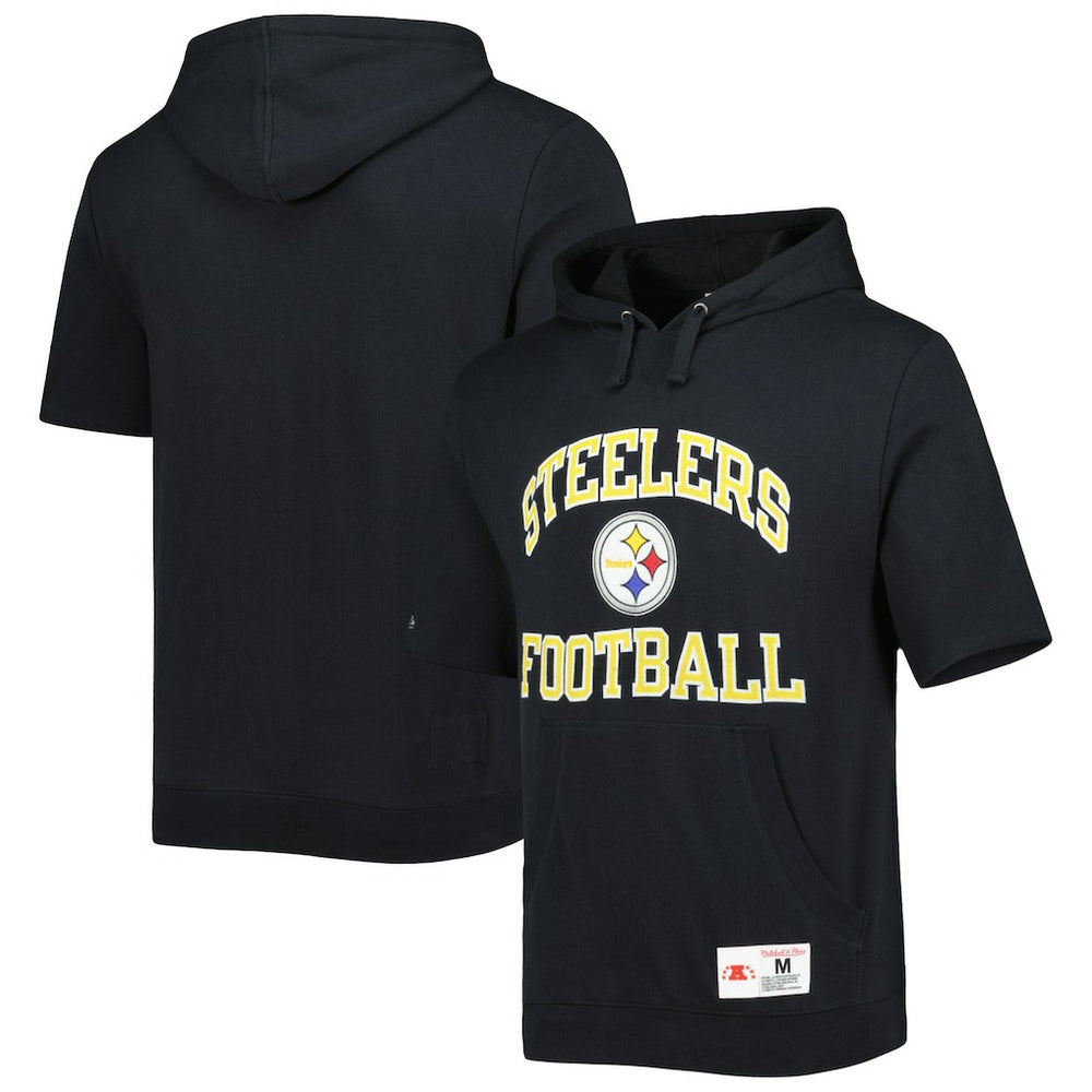 Pittsburgh Steelers Washed Short Sleeve Pullover Hoodie - Black - Mitchell & Ness