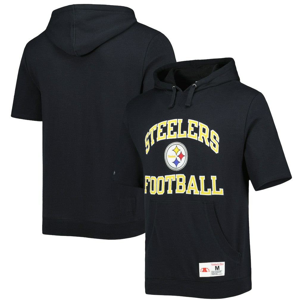Pittsburgh Steelers Washed Short Sleeve Pullover Hoodie - Black - Mitchell & Ness