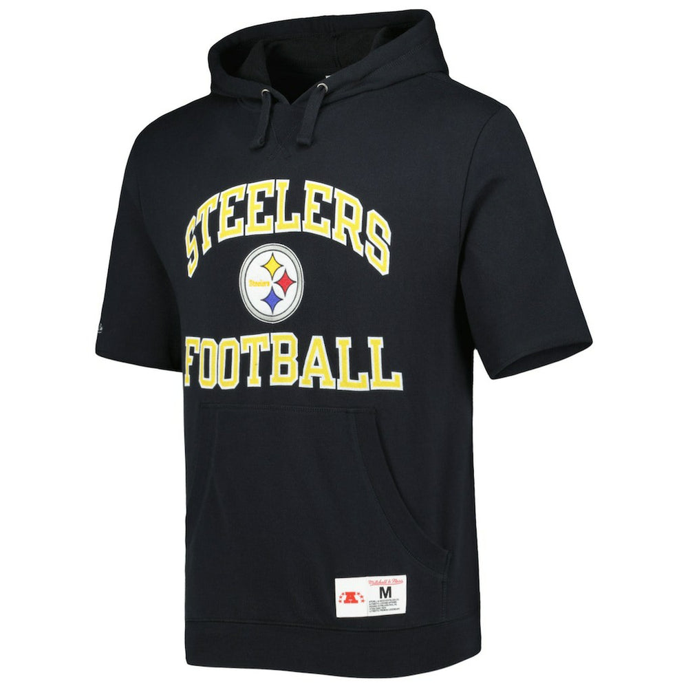 Pittsburgh Steelers Washed Short Sleeve Pullover Hoodie - Black - Mitchell & Ness