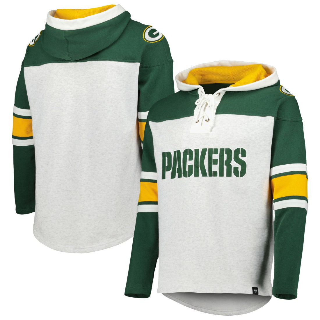 Green Bay Packers '47 Gridiron Lace-Up Pullover Hoodie - Heather Gray - 47 brand