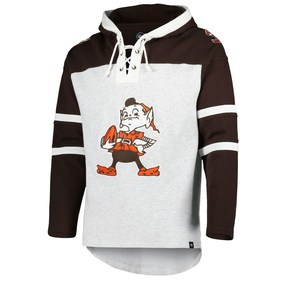 Cleveland Browns '47 Brownie The Elf Historic Logo Gridiron Lace-Up Pullover Hoodie - Heather Gray - 47 brand