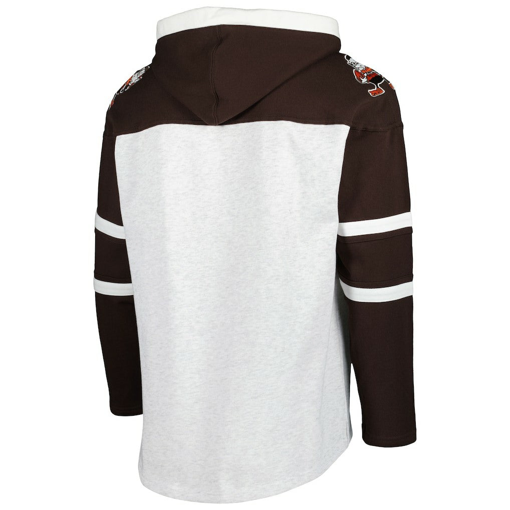 Cleveland Browns '47 Brownie The Elf Historic Logo Gridiron Lace-Up Pullover Hoodie - Heather Gray - 47 brand