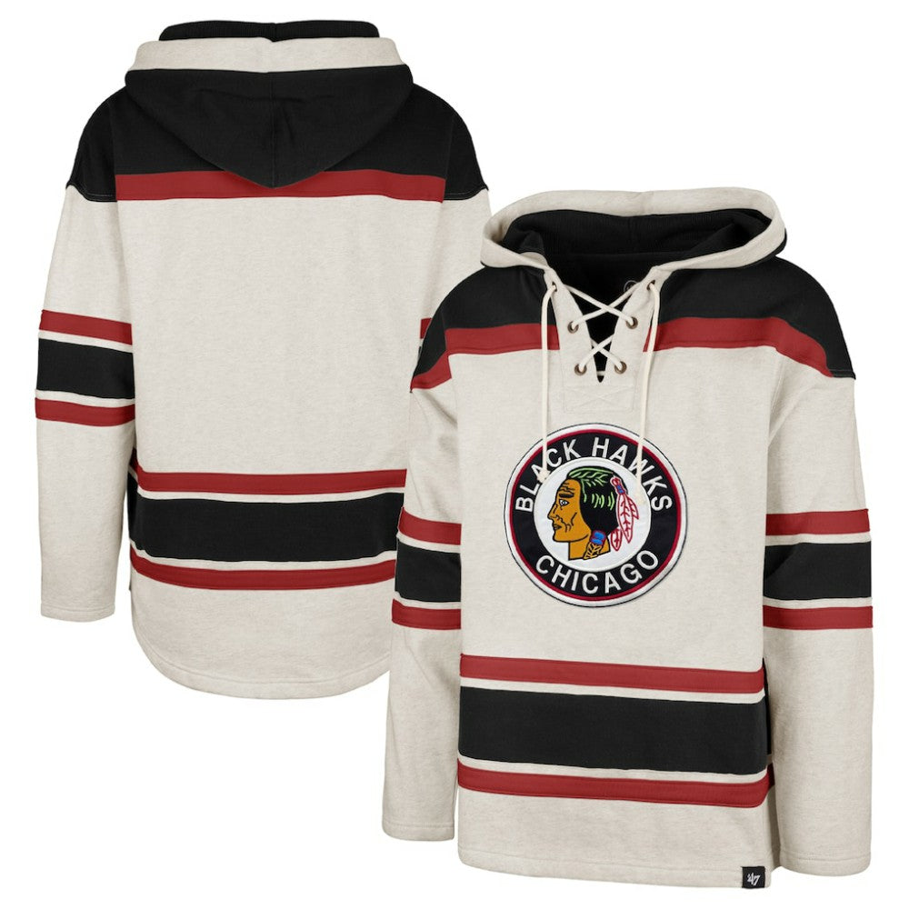 Chicago Blackhawks '47 Rockaway Lace-Up Pullover Hoodie - Oatmeal | 47 brand Clearance