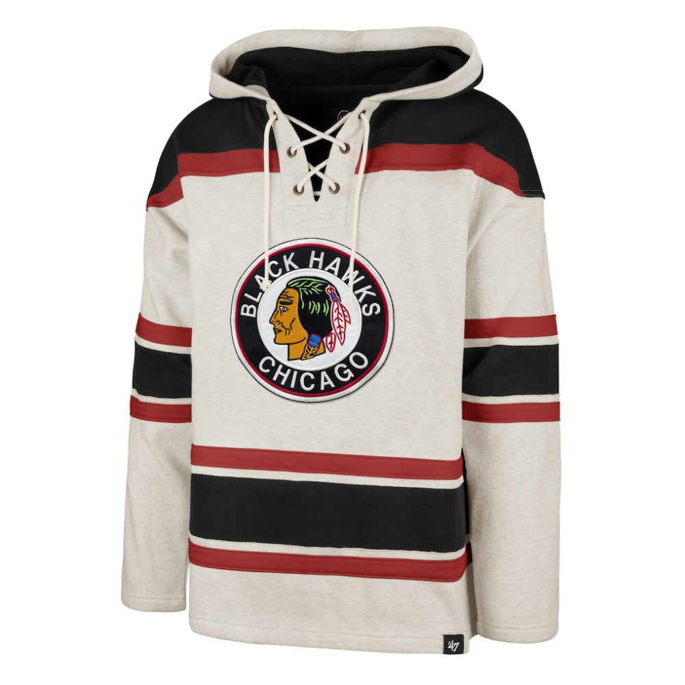 Chicago Blackhawks '47 Rockaway Lace-Up Pullover Hoodie - Oatmeal | 47 brand Clearance