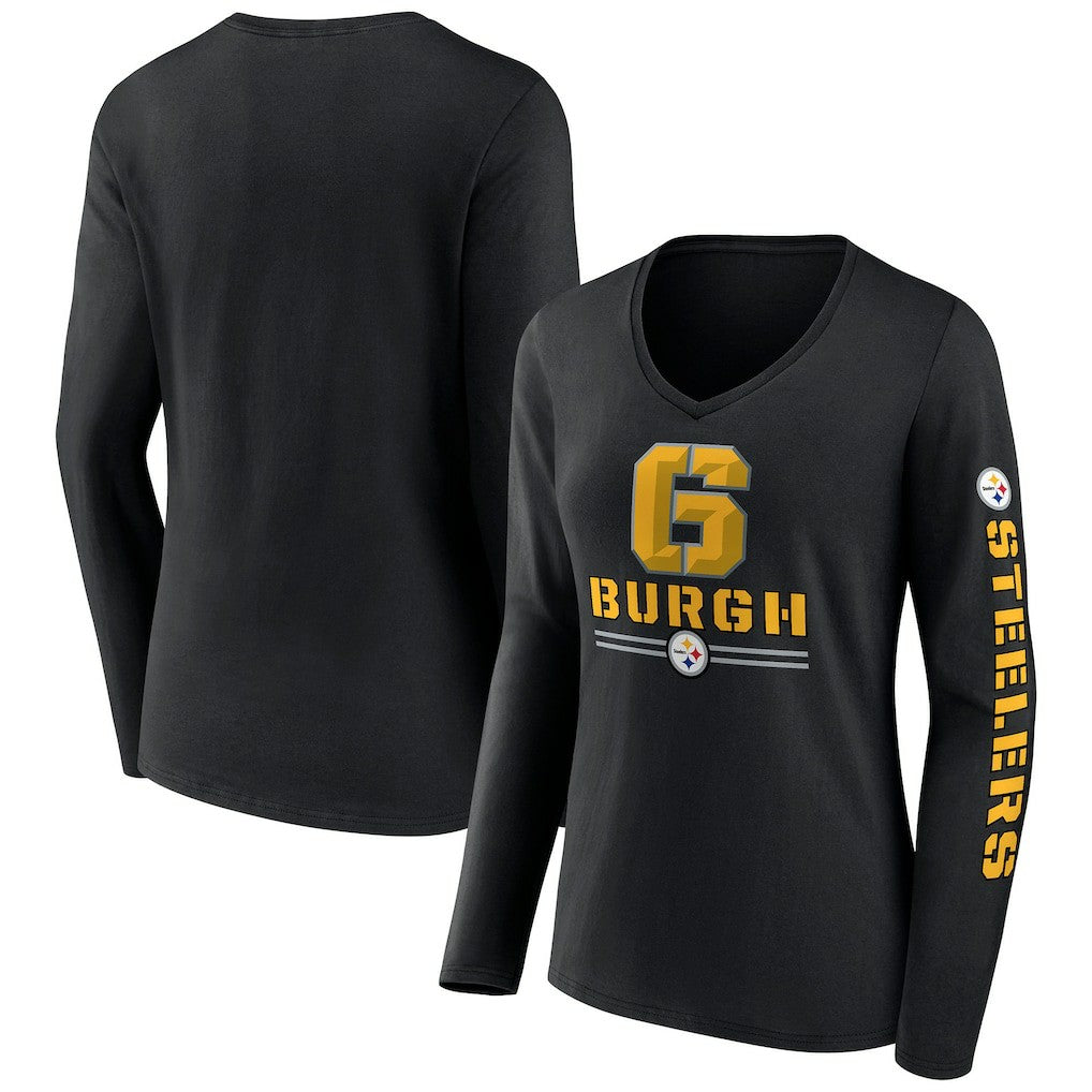 Pittsburgh Steelers Women's Hometown Sweep Long Sleeve V-Neck T-Shirt - Black - Fanatics