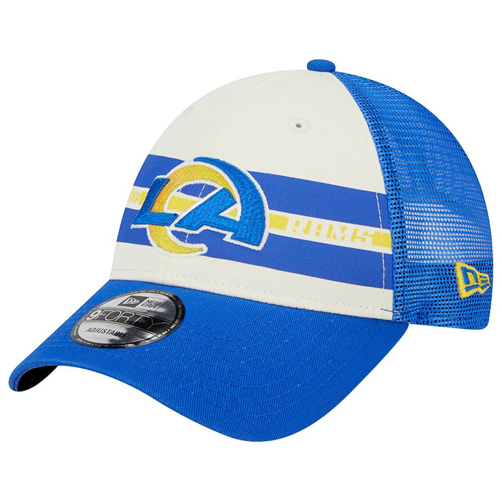Los Angeles Rams New Era Team Stripe Trucker 9FORTY Snapback Hat - Cream/Royal - NFL