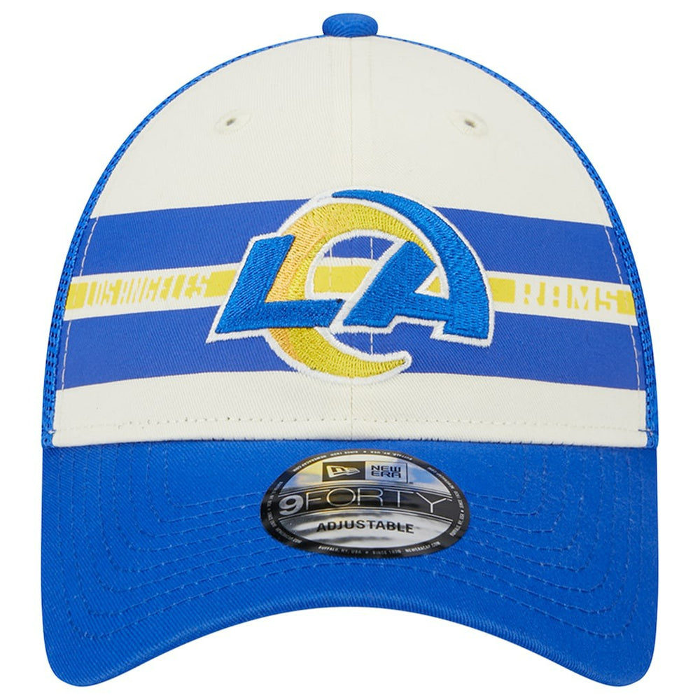 Los Angeles Rams New Era Team Stripe Trucker 9FORTY Snapback Hat - Cream/Royal - NFL