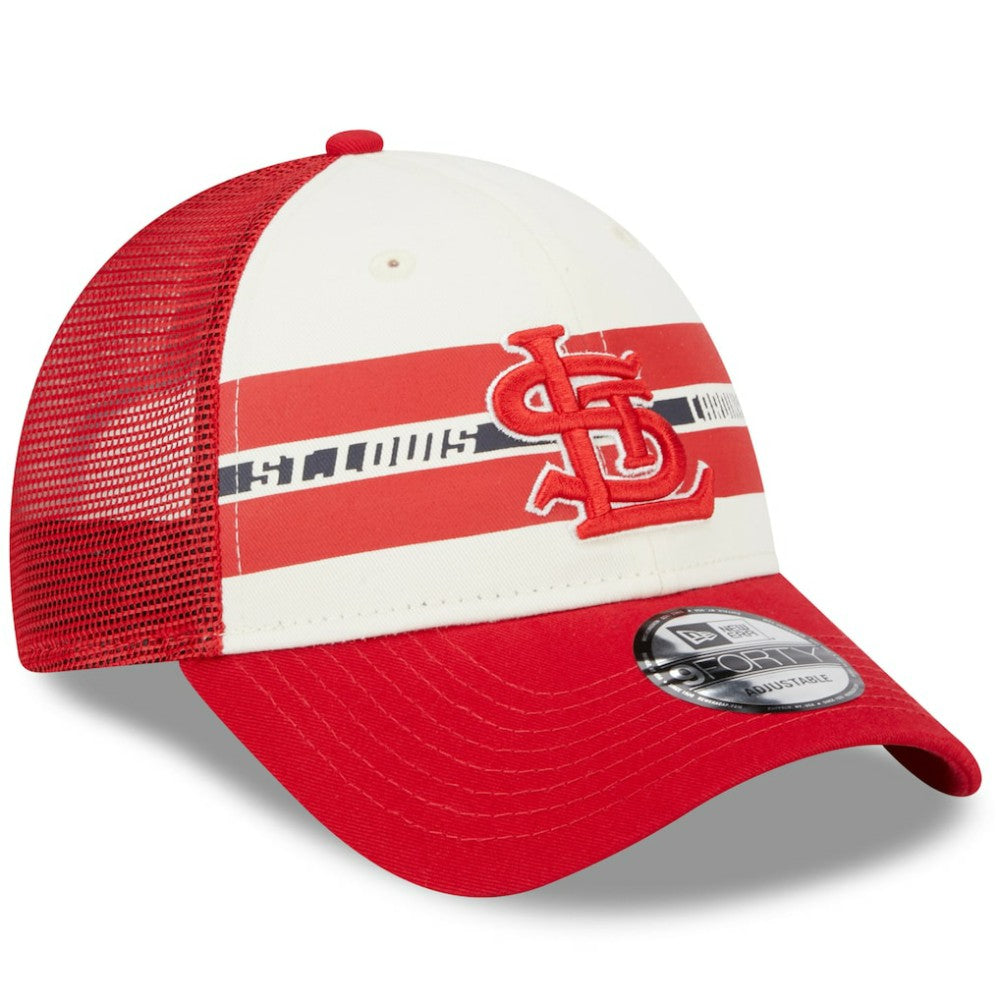 St. Louis Cardinals New Era Team Stripe Trucker 9FORTY Snapback Hat Sale